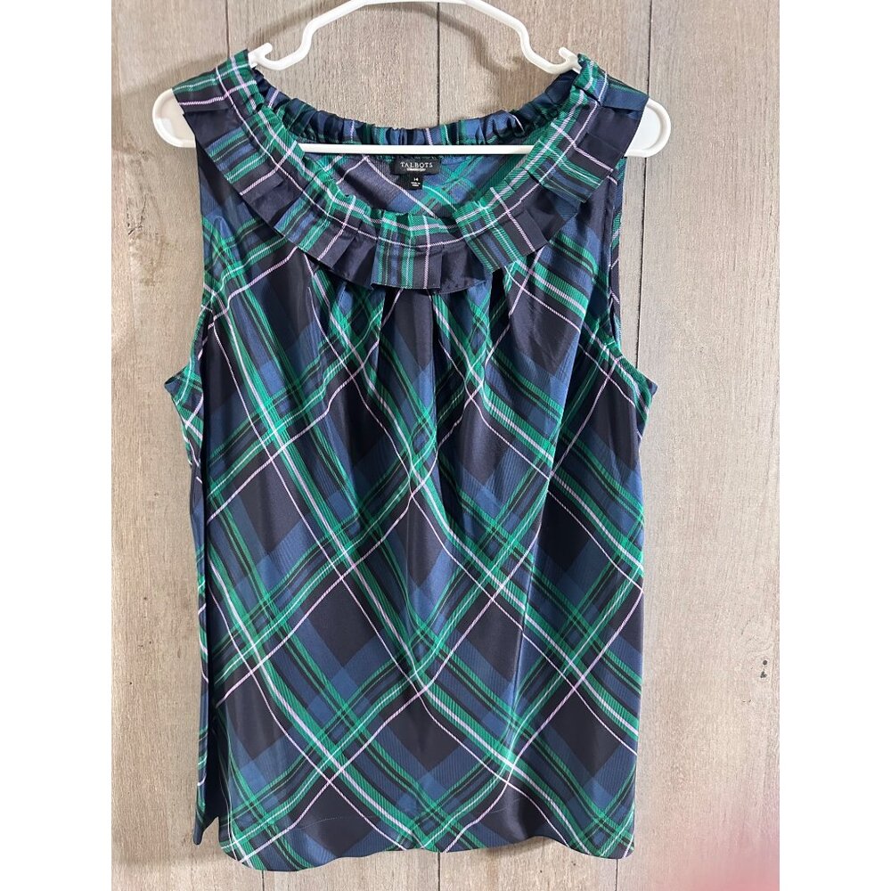 Talbots Blue Green 100% Silk Top 14 L Plaid Sleeveless Ruffle